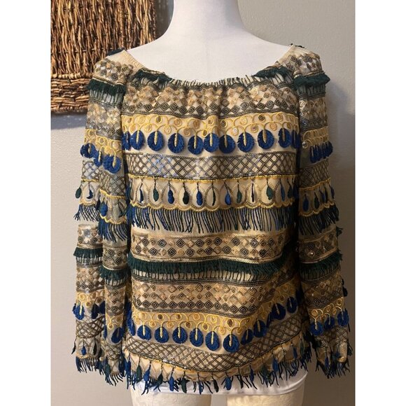 Alice + Olivia Top M Medium Off Shoulder Blue Gold Fringe Sequins - Picture 8 of 11